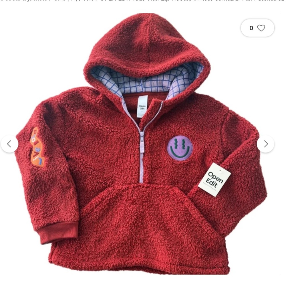 NWT OPEN EDIT Kids' Half Zip Hoodie In Rust Cinnabar Fun Patches